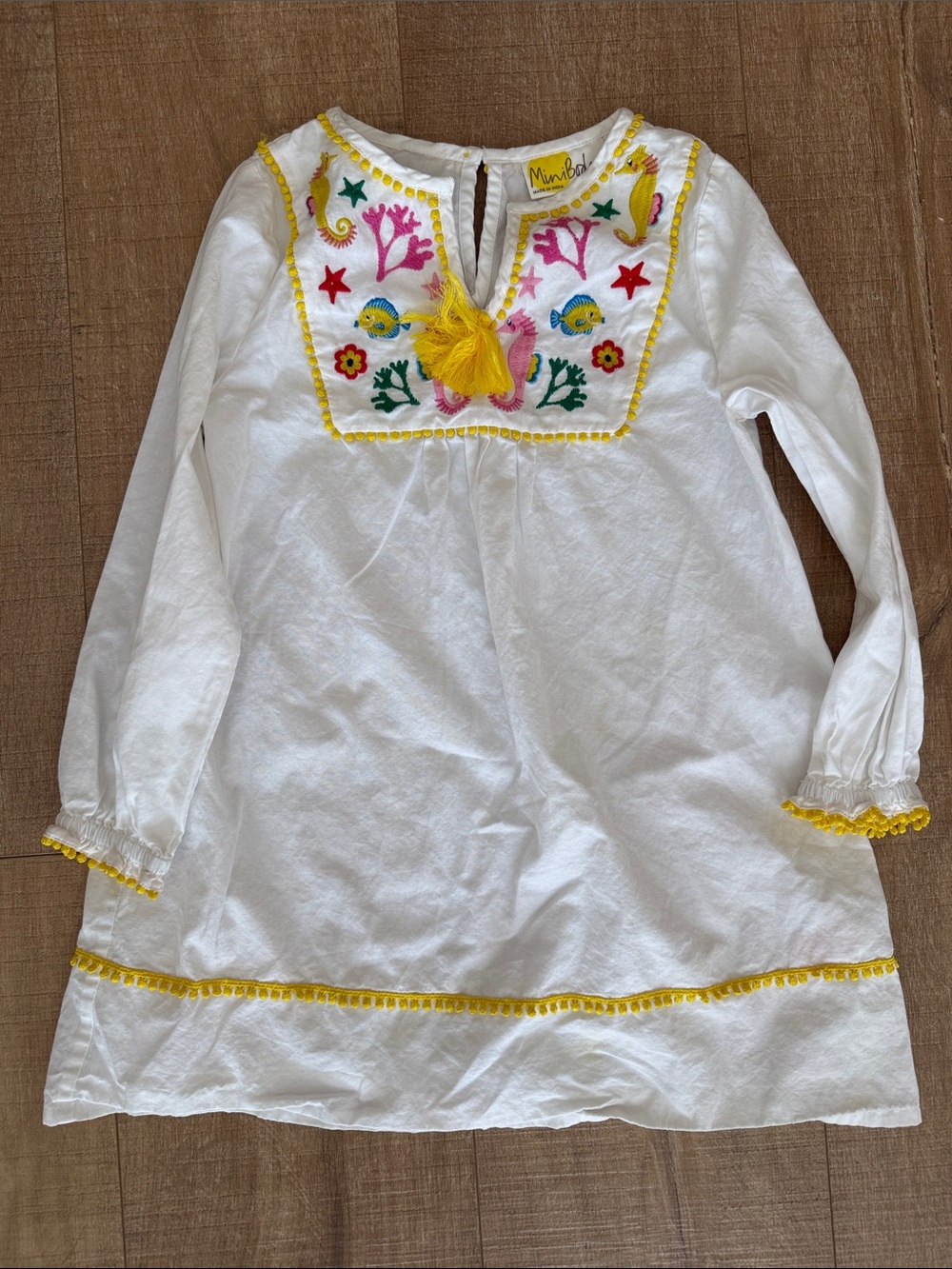 Mini Boden White Embroidered Long-Sleeve Girls Dress with Yellow Trim